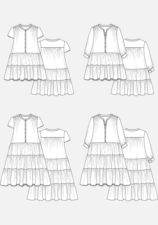 Technical flats of all Poppy Dress views featuring short and long sleeves and tiered skirts, front and back.