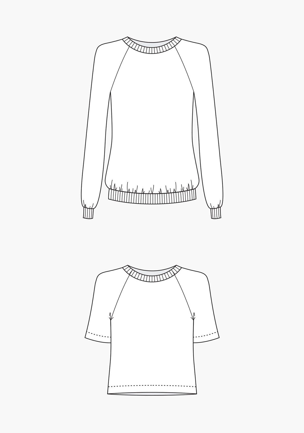 Line drawings of the Linden Sweatshirt pattern showing long and short sleeve views with raglan seams.
