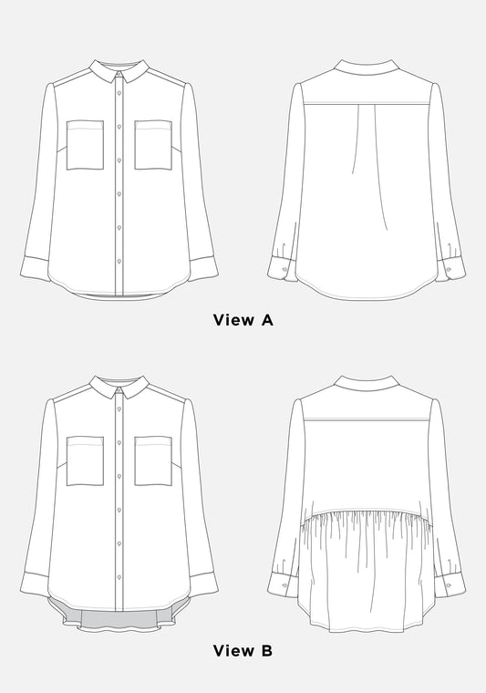 Line drawings of Archer Popover sewing pattern showing front and back of Views A and B.