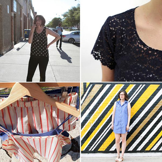 Four 2012 sewing projects: black polka dot tank, black lace top, red striped fabric in basket, and blue sleeveless shirt dress