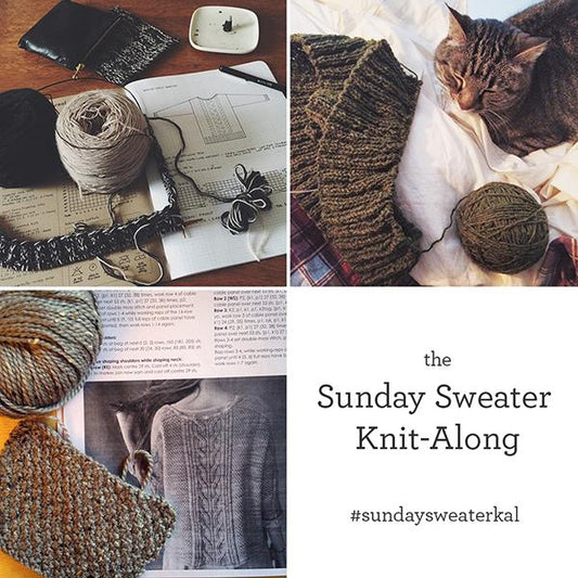 Sunday Sweater Knit-Along collage showing yarn, pattern notes, knitting in progress and a cat with hashtag sundaysweaterkal