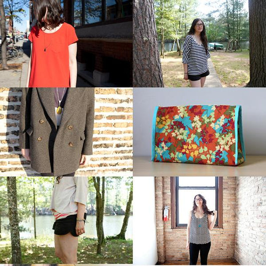 Six 2011 sewing projects: red Scout Tee, striped top, olive double-breasted coat, floral clutch, shorts, and striped tank