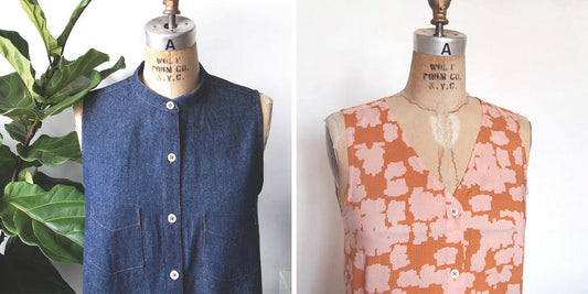 Two Alder Shirtdress variations on dress forms: denim with stand collar and coral abstract print with V-neckline, button-front