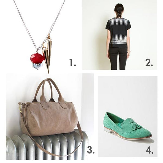 Spring wishlist: charm necklace, black graphic tee, tan leather duffle bag, and mint green suede tassel loafer