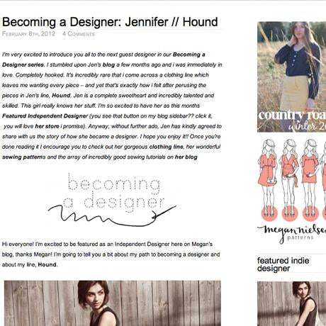 Screenshot of "Becoming a Designer: Jennifer // Hound" blog post with portrait photo and coral dress sketches by Megan Nielsen