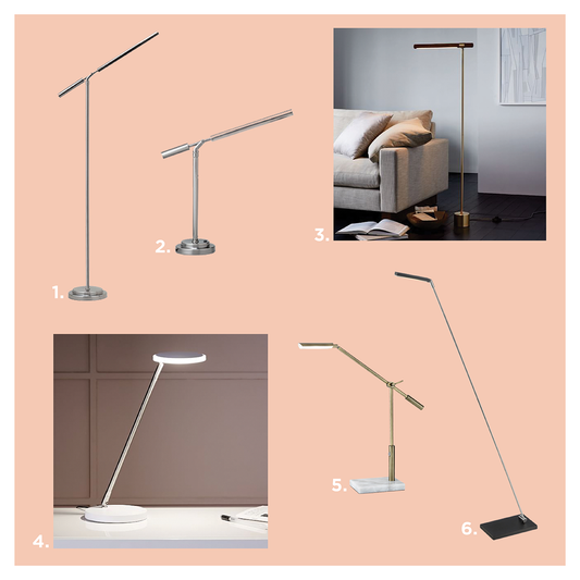 Six modern LED task lamps collage: adjustable floor and desk lamps in silver, brass, and black finishes on a peach background