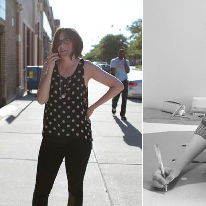 Woman wearing black polka dot tank top and black pants on urban sidewalk, next to close-up of sewing pattern pieces and fabric