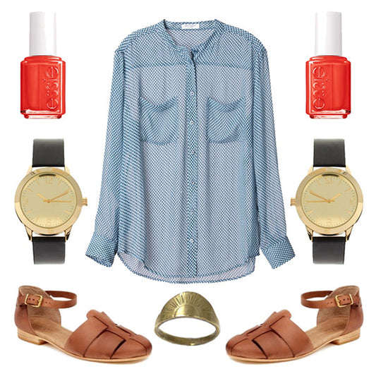 Outfit flat lay: blue gingham shirt with red Essie nail polish, gold watches, cognac ankle-strap sandals, and a gold ring