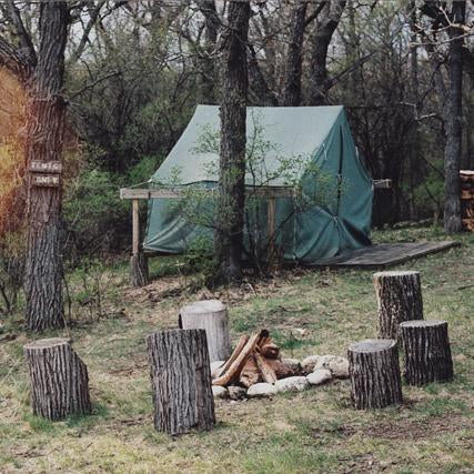 Camping scene at Camp Wandawega with green canvas tent between trees and fire pit surrounded by log stumps