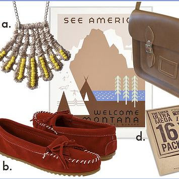 Summer collage with beaded necklace, red suede moccasins, brown leather satchel, Montana travel poster, and large notepad
