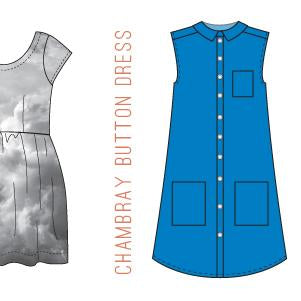 Chambray Button Dress flat sketches: cloud print cap sleeve dress and blue sleeveless shirt dress with front pockets