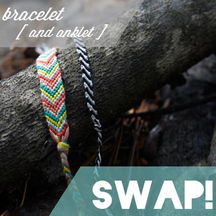 Two friendship bracelets on a gray branch with text overlay reading "bracelet [and anklet]" and "SWAP!