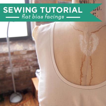 Sewing tutorial graphic for flat bias facings showing close-up of a cream tank top neckline with bias facing detail