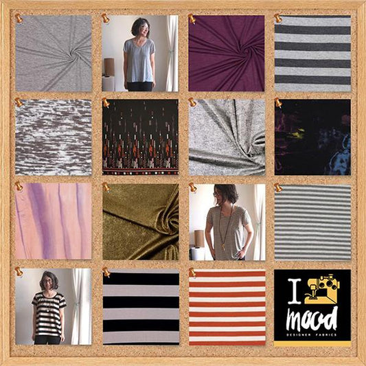 Scout Tee cork board mood board with fabric swatches and finished garments in striped, heathered, burgundy, and printed knits
