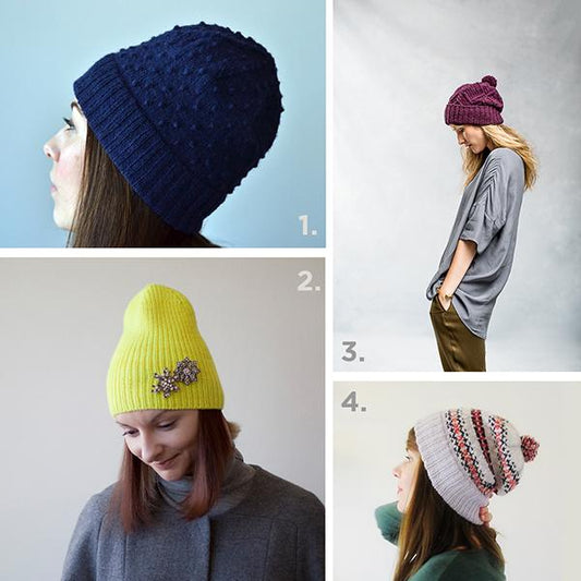 Four knit beanies: navy textured, chartreuse ribbed with brooch, burgundy pom pom, and cream Fair Isle with pom pom
