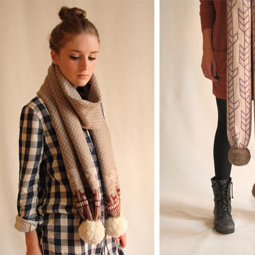 Knit scarf with pompoms over navy plaid shirt, and detail shot of geometric fair isle scarf with black boots