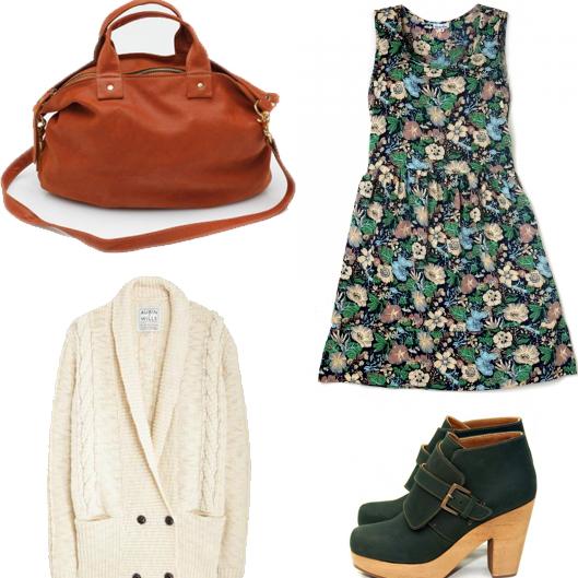Outfit collage with rust leather bag, dark floral sleeveless dress, cream cable-knit cardigan, and green platform ankle boots