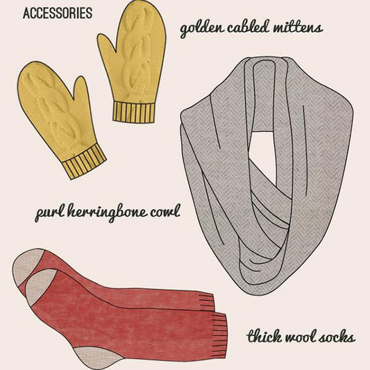 Illustration of golden cabled mittens, purl herringbone cowl in gray, and thick red wool socks with ribbed cuffs