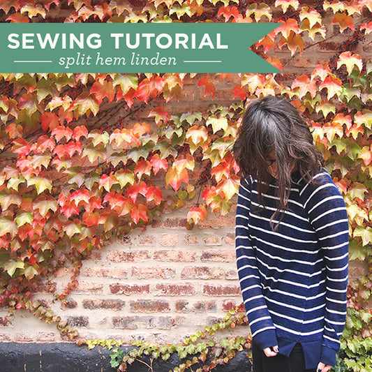 Split Hem Linden sewing tutorial graphic, person in navy striped sweatshirt against a brick wall covered in fall ivy
