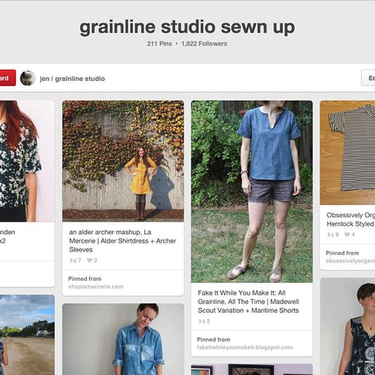 Grainline Studio Sewn Up Pinterest board showing community makes including Alder, Archer, Hemlock, and Maritime Shorts