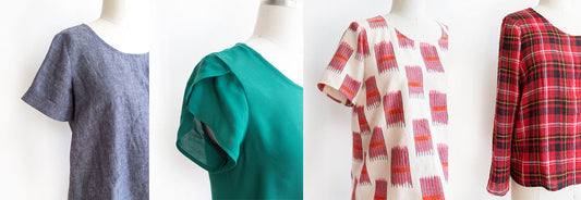 Four Scout Tee sleeve options on dress forms: short chambray, teal petal sleeve, cream ikat cuffed, and red plaid long sleeve