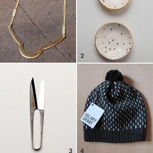 Gift guide grid: brass necklace, polka dot ceramic dishes, Japanese thread snips, and black speckled knit hat with pom pom