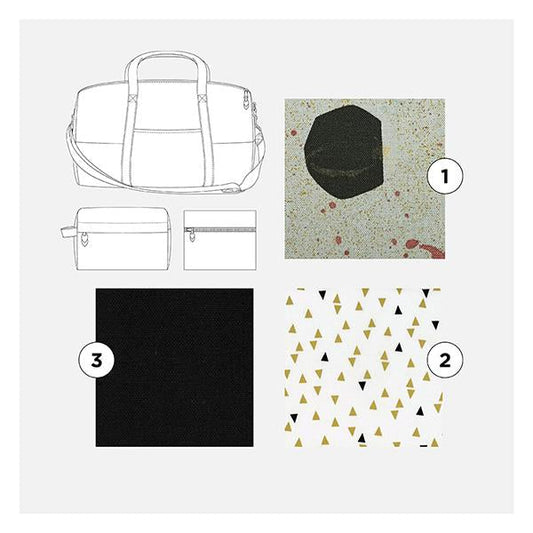 Portside Travel Set pattern sketches with fabric swatches in speckled cream, gold triangle print, and black solid