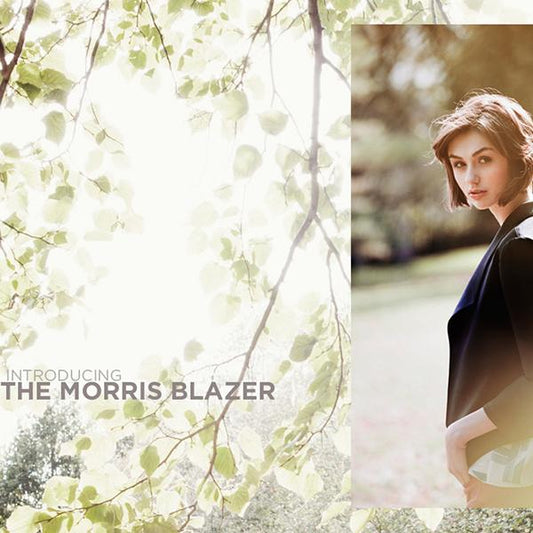 Morris Blazer intro graphic showing the pattern in black with shawl collar, worn over a white blouse in an outdoor setting