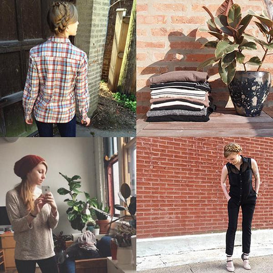 Four handmade Grainline makes: Archer Button Up in plaid, fabric stack, sleeveless Archer, and Hemlock Tee