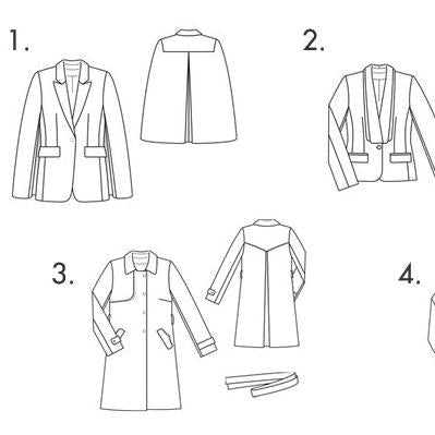 Four coat and jacket sketches: blazer with cape panel, sleeveless coat, button-front trench coat, and a partial fourth view