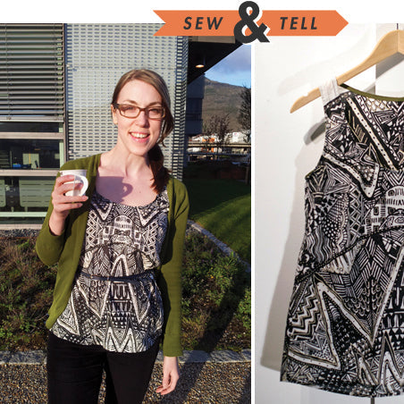 Sew & Tell: Tiny Pocket Tank in black and white geometric print voile styled with an olive cardigan, worn and shown on a hanger