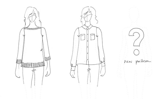 Summer of Basics capsule wardrobe sketches: a handknit sweater with ribbed trim and an Archer Button Up with chest pockets