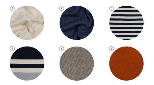 Six knit fabric swatches for Lark Cardigan: cream, navy, navy stripe, navy colorblock stripe, gray textured, and rust