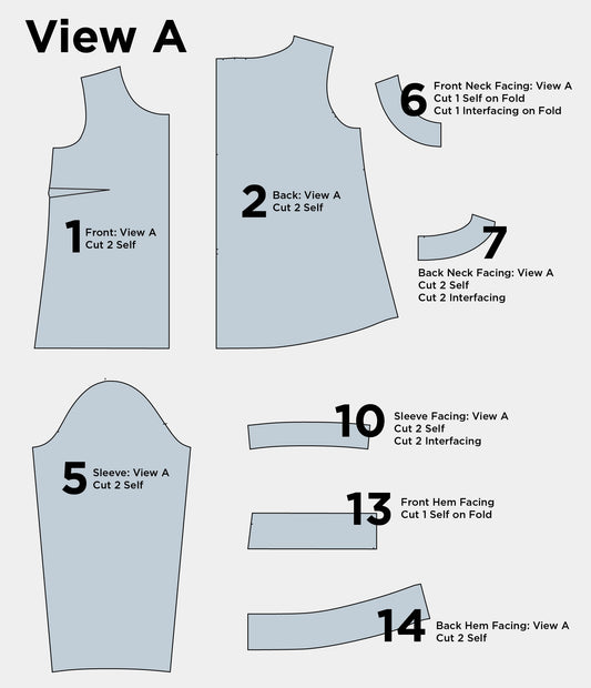 Hadley Top View A pattern pieces with cutting instructions: front, back, sleeve, neck facings, sleeve facing, and hem facings