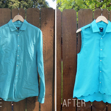 Before and after: turquoise button-up shirt refashioned into a sleeveless top with scalloped hem, hanging on a wooden fence