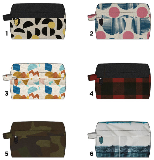 Six Portside Dopp Kit fabric mockups numbered 1-6, showing options from geometric and plaid to camo and color-blocked prints