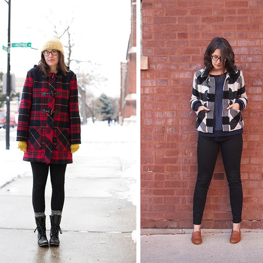 Two Grainline makes: Cascade Duffle in red plaid and Tamarack Jacket in black and cream plaid wool, worn outdoors in winter