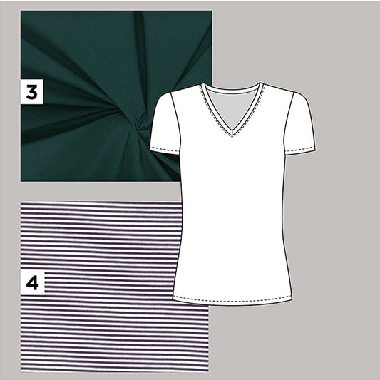Lark Tee sewing pattern with fabric swatches showing dark teal solid knit and navy and white striped knit options