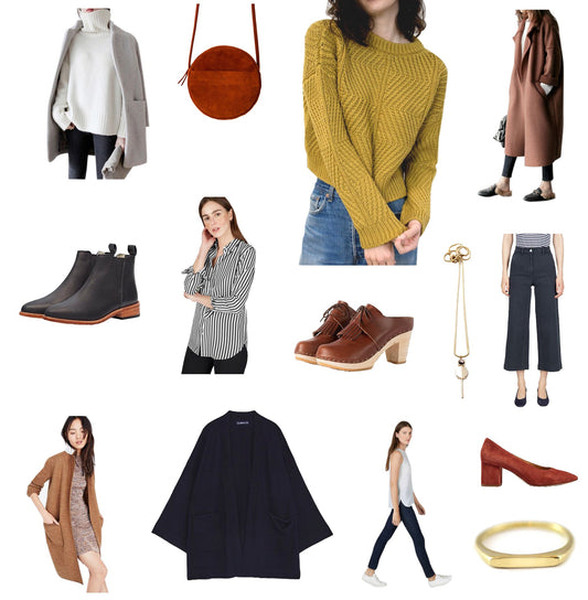 Fall wardrobe inspiration collage featuring coats, sweaters, boots, clogs, cropped pants, and accessories in earthy tones