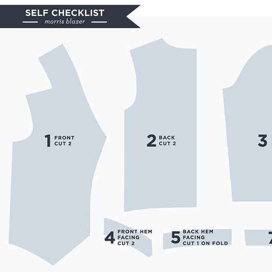 Morris Blazer self checklist pattern pieces: front cut 2, back cut 2, front hem facing cut 2, back hem facing cut 1 on fold