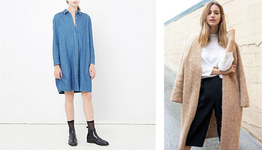RTW inspiration: chambray shirtdress with black boots, and white tee layered under a long tan knit cardigan with black pants