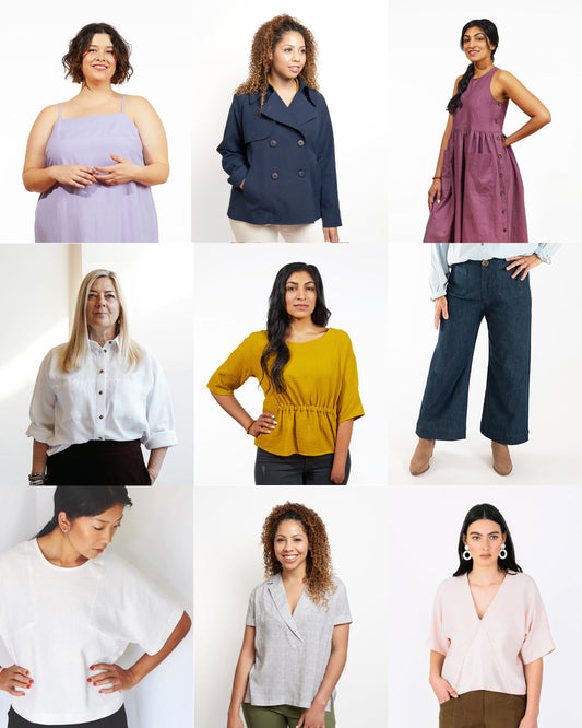 Grid of nine modeled sewing patterns including Grainline Myra, Cortland Trench, Austin Dress, and Corin Top in various fabrics