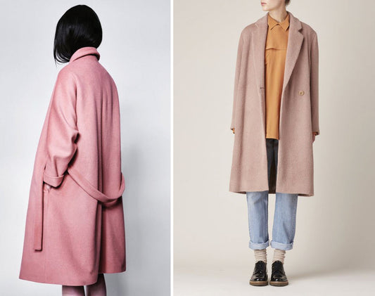 Ready-to-wear coat inspiration: back view of pink belted wool coat, and front view of blush coat over mustard shirt and jeans