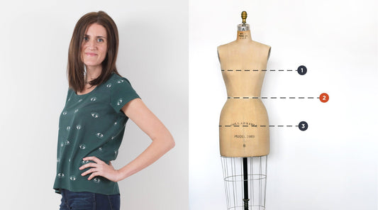 Lark Tee in teal eye print with dark jeans beside a dress form with three numbered measurement points and dashed lines