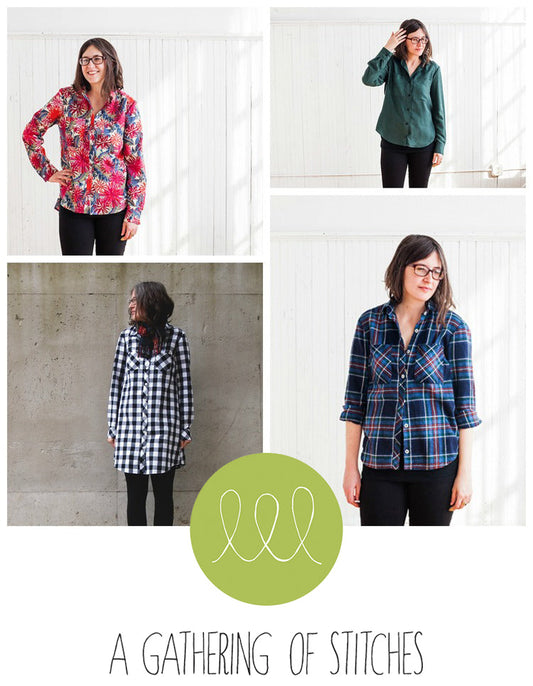 A Gathering of Stitches collage with four Archer Button Up versions in red floral, forest green, black gingham, and navy plaid