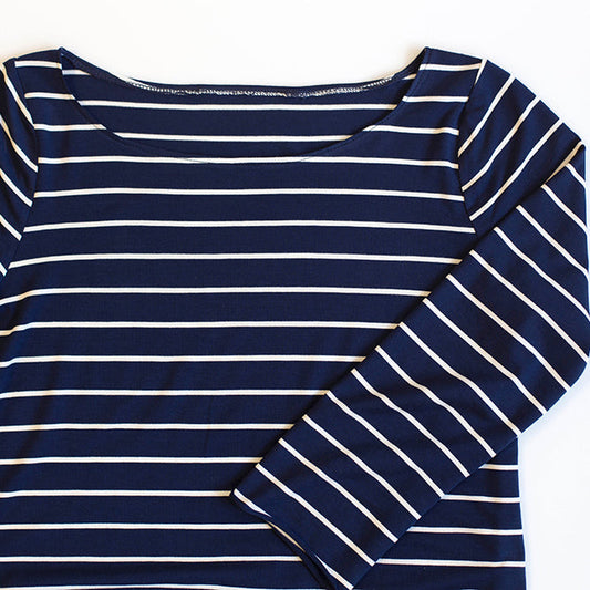 Lark Tee in navy and white horizontal stripes with boatneck neckline detail, showing folded seam allowance and topstitching technique