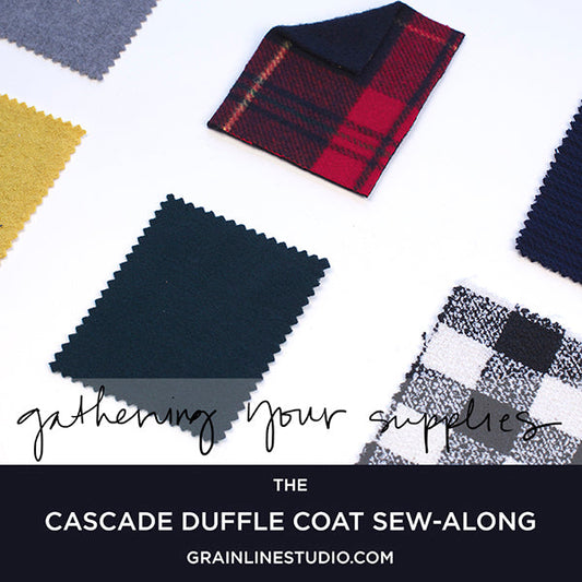 Cascade Duffle Coat sew-along wool coating swatches in gray, mustard, red plaid, teal, and buffalo check with text overlay