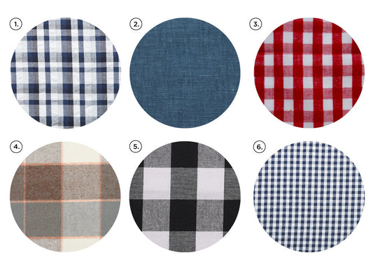 Six fabric swatches for Archer Button Up: navy plaid, teal chambray, red gingham, taupe plaid, black plaid, and navy gingham