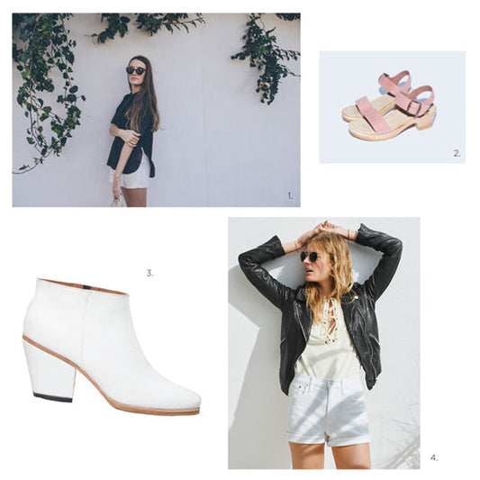 Spring style inspiration: black top with white shorts, pink sandals, white block heel booties, and a black leather jacket