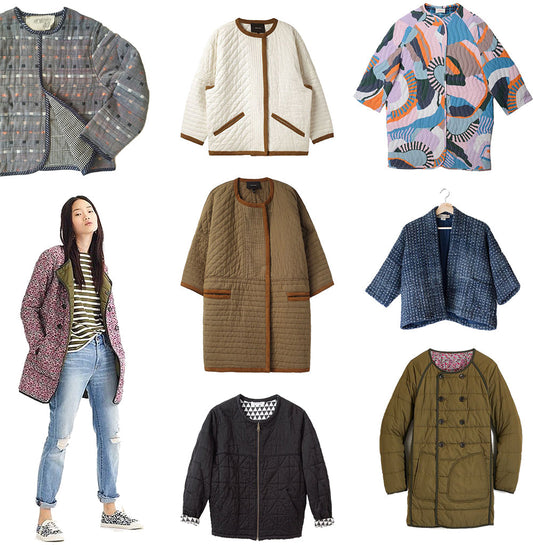 Mood board of quilted jacket inspiration for the Tamarack Jacket in varied styles, prints, and colorways on white background